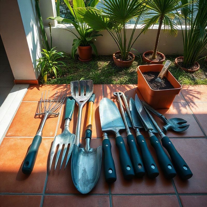 Ferramentas de jardinagem organizadas sobre piso de terracota ao sol
