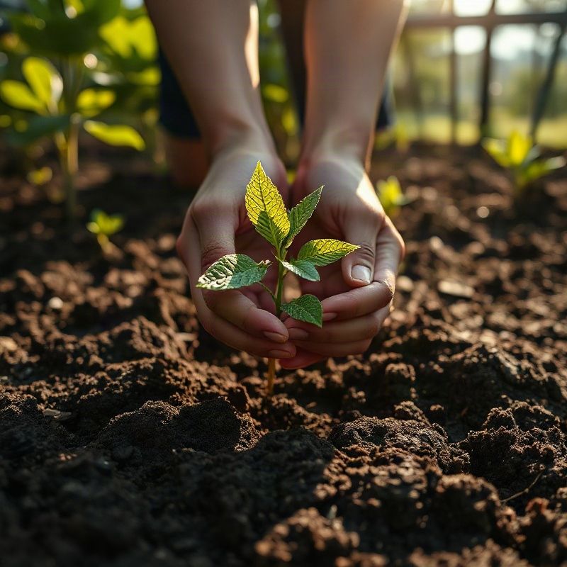 Close das mãos plantando uma muda em solo escuro e fértil